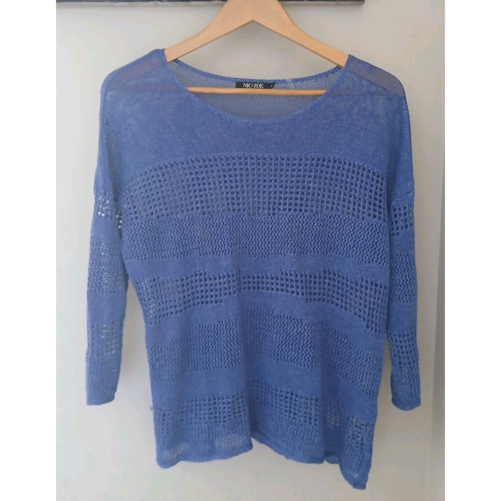 Nic + Zoe Linen Blend Sweater Size Large Open Knit Coastal Preppy Lightweight